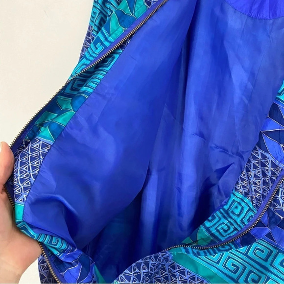 Vintage 80s 90s Silk Windbreaker Jacket Womens Medium Geometric Turquoise Blue - Picture 10 of 13